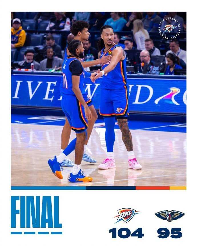 雷霆三杀鹈鹕，拒绝3连败！SGA29分6板4助，霍姆格伦20分14板5帽